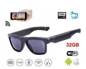 Wifi-kamerasolbriller 1080p med UV400 + gummieret IP22-beskyttelse + 32 GB hukommelse