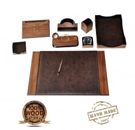 Ensemble de table de bureau de luxe de 9 accessoires - 100% fait main - Marron (Bois + Cuir)