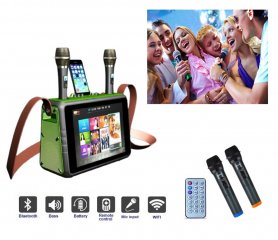 Set pesta mesin karaoke - speaker 30W + layar sentuh 14" + 2 mikrofon bluetooth