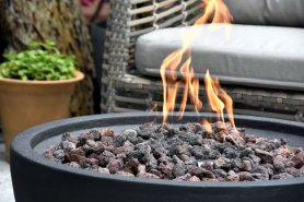 Portable fire pit - outdoor garden gas fireplace -  round black cast concrete