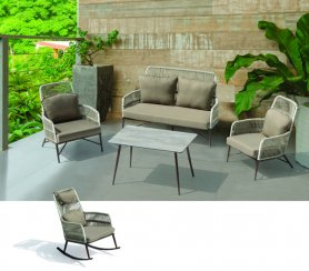 Terrasse sitteplasser i hagen - gynge og statisk stol + dobbelt sete for 5 personer + høyt bord