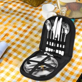 Juego de cubiertos y platos 20 piezas (acero inoxidable) para comer al aire libre