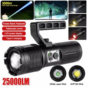 LED flashlight long range brightest + telescopic ZOOM + LED display + 3 light modes up to 3000m