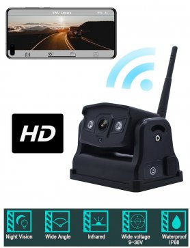 Cameră de marșarier WiFi 720P cu 2xIR LED - transmisie în direct către mobil (iOS, Android) + Magnet + Baterie 9600mAh