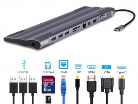 HUB 11 in 1 - USB-C ، الصوت ، LAN ، HDMI ، MDP ، VGA ، SD ، Micro SD ، 3x USB 3.0