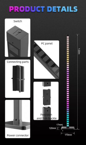 Led-equalizer-festljusstav 1,2 m – ljudkänslig med RGB-färger