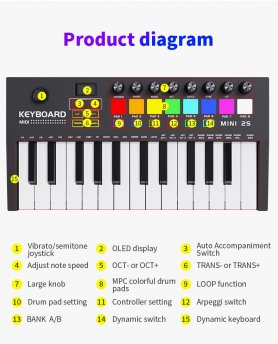 Електронне цифрове піаніно - 25 MIDI-клавіш + 8 барабанних педів - Клавіатура з bluetooth