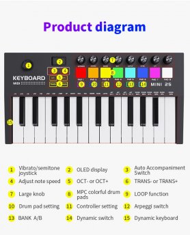 Piano digital Elektronik - 25 tombol MIDI + 8 bantalan drum - Keyboard dengan bluetooth