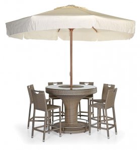 BAR rattan round table EXCLUSIVE na may parasol + 6 na upuan