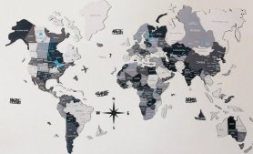 Världskarta 3d gjord av trägrå färg - NORD 150 cm x 90 cm