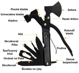 Multifunkční nástroj (sada) pro přežití 17v1 (kladivo / sekera / nůž / kleště / šroubovák / pilka)