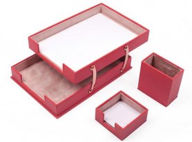 Office desk pad set 10pcs for women work desk (Red Leather) - Handmade