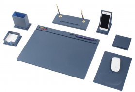 Blåt luksus kontorbordsæt af læder - 7 stk (håndlavet)