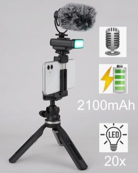 Tripod for vloggers - SET for smartphone with LED light and external microphone