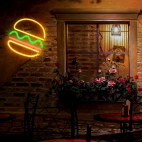 Advertising LED illuminated neon logo on the wall - BURGER