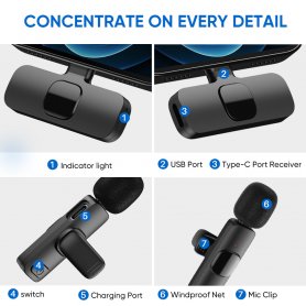 Mobilmikrofon trådløs - smarttelefonmikrofon med USBC-sender + klips + 360°-opptak