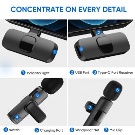 Microfon mobil Wireless - Microfon pentru smartphone cu transmițător USBC + Clip + înregistrare la 360°