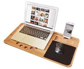 Skrivbordsunderlägg för anteckningsbok i trä (100 % bambu) med mobiltelefonställ