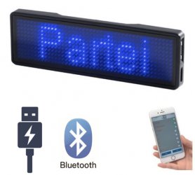 Etichetă de nume cu LED (insignă) ALBASTRĂ cu control bluetooth prin aplicația pentru smartphone - 9,3 cm x 3,0 cm