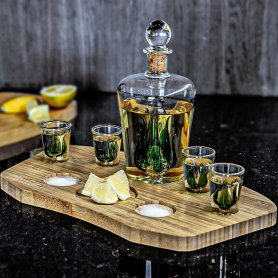 Tequila karaf SET - Luxe 840ml tequila karaf + 4 glazen op houten standaard (handgemaakt)