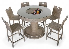 Barový ratanový exkluzívny okrúhly stôl so slnečníkom + 6ks stolička