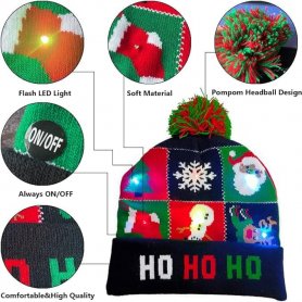 Gorros navideños de invierno con pompones - Gorro iluminado con LED - HO HO HO