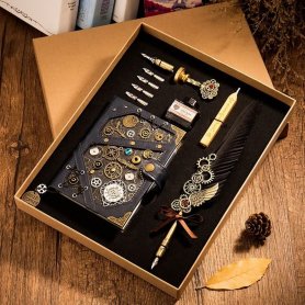 Coffret cadeau de luxe STEAMPUNK Feather Dip Pen set + 5 plumes + Carnet + Tampon