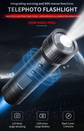 Ang flashlight camera spy ay nakatago na may BUONG HD 120 ° anggulo + kumpas + hanay ng mga may hawak