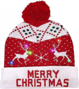 Chapéu de Natal de inverno com pom pom - Gorro iluminado com LED - FELIZ NATAL