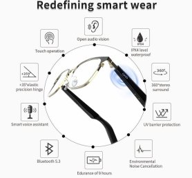 Kacamata audio sentuh AI Smart dengan perlindungan UV + speaker + asisten suara + panggilan telepon