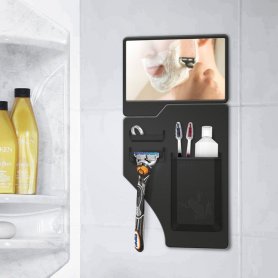 Bathroom holder for hygiene items (toothbrush + razor) with mirror from silicone