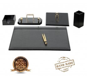 Luxusný SET na dokumenty pre kancelársky stôl 6 ks čierna koža + drevo