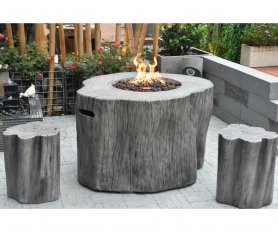 Baumstumpf-Gas-Feuerstelle (Propan) aus gegossenem Beton – Holzstumpf-Imitat – Grau