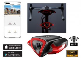 Cykelbagkamera - FULL HD-kamera på cykel + WiFi live-transmission til smartphone (iOS/Android) + LED-blinklys