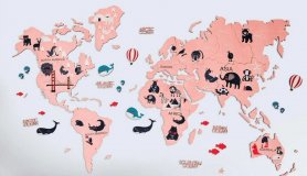 World map with animals for kids - wooden 2D map on the wall - PINK 100x60cm