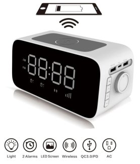 Alarm budík + bezdrátová nabíječka 10W + baterie 2200 mAh s USB A a USB C výstupem 5V