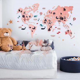 Verdenskart med dyr for barn - 2D-kart på veggen av tre - ROSE 100x60cm