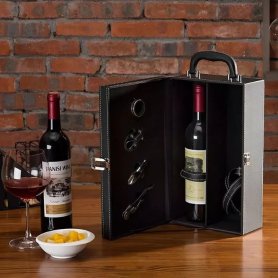 Cestas de regalo de vino - Caja de regalo de lujo (juego) con embalaje de cuero ecológico para vino para 2 botellas + accesorios