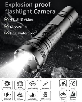Kamera senter dalam senter dengan resolusi 4K + sudut 120° + lampu LED dengan ketahanan air IP66 + dudukan