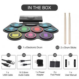 Drums silikonpute (elektronisk trommesett) - 9 trommer (MP3 + hodetelefoner) + Bluetooth