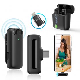 Microfon wireless (mic) pentru telefon mobil cu transmitator - USB-C + Iluminare + carcasa de incarcare