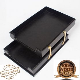 Popieriaus dėklo tvarkyklė medinė juoda spalva + oda + auksiniai priedai