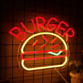 Hamburguesa - Logotipo de letrero de neón con luz LED iluminada publicitaria