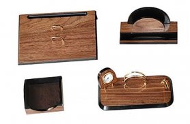 Set da tavolo da ufficio di lusso di 9 accessori - 100% fatto a mano - Marrone (legno + pelle)