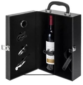 Cestas de regalo de vino - Caja de regalo de lujo (juego) con embalaje de cuero ecológico para vino para 2 botellas + accesorios