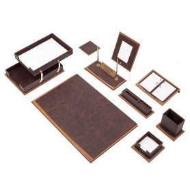 Conjunto de mesa de escritório - Conjunto de mesa de luxo 11 pcs (madeira marrom + couro)