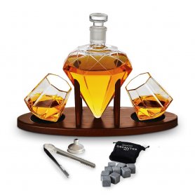 Whiskey set - luxury whiskey carafe + 2 glasses on a wooden stand