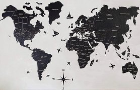 Matkainen puinen kartta seinällä - väri musta 150 cm x 90 cm