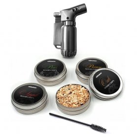 Kit Ahumador de Whisky + Set para ahumar con tapa + quemador recargable + virutas de madera 4 sabores