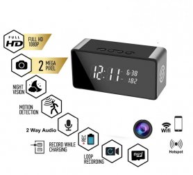 FULL HD WiFi P2P camera sa digital clock na may 10 IR LEDs + bluetooth speaker + motion detection